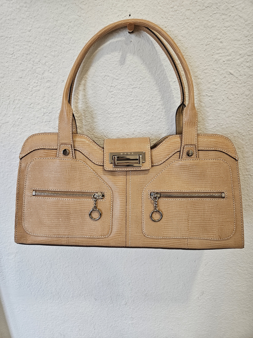 Maxx New York Vintage Tan Lizard Embossed Leather Shoulder Bag Satchel Purse